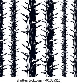 Horror art style horrible seamless pattern, vector background. Blackthorn branches with thorns stylish endless illustration. Hard Rock and Heavy Metal subculture music textile fashion stylish design.