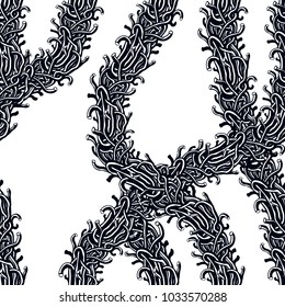 Horror art style seamless pattern, vector background. Tangled branches or roots stylish endless illustration. Usable for fabric, wallpaper, wrapping, web and print.