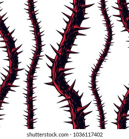 Horror art style seamless pattern, vector background. Blackthorn branches with thorns stylish endless illustration. Hard Rock and Heavy Metal subculture music textile fashion stylish design.
