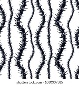 Horror art style seamless pattern, vector background. Blackthorn branches with thorns stylish endless illustration. Hard Rock and Heavy Metal subculture music textile fashion stylish design.