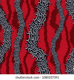 Horror art style seamless pattern, vector background. Blackthorn branches with thorns stylish endless illustration. Hard Rock and Heavy Metal subculture music textile fashion stylish design.