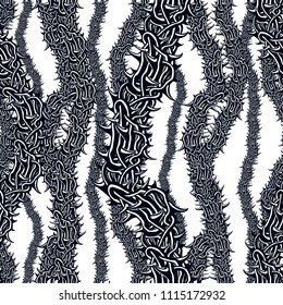 Horror art style seamless pattern, vector background. Blackthorn branches with thorns stylish endless illustration.