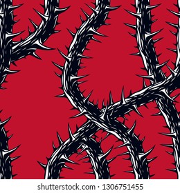 Horror art style seamless pattern, vector background. Blackthorn branches with thorns stylish endless illustration. Hard Rock and Heavy Metal subculture music textile fashion stylish design.