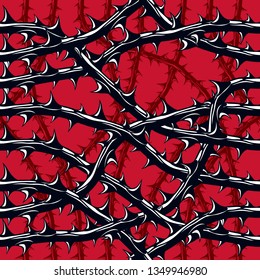 Horror art style seamless pattern, vector background. Blackthorn branches with thorns stylish endless illustration. Hard Rock and Heavy metal subculture music textile fashion stylish design.