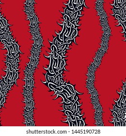 Horror art style seamless pattern, vector background. Blackthorn branches with thorns stylish endless illustration. Hard Rock and Heavy Metal subculture music textile fashion stylish design.