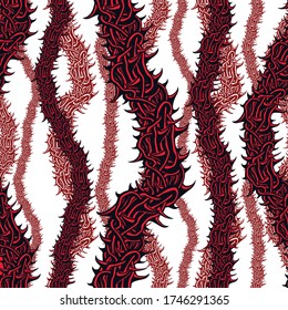 Horror art style seamless pattern, vector background. Blackthorn branches with thorns stylish endless illustration. Hard Rock and Heavy Metal subculture music textile fashion stylish design.