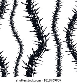 Horror art style seamless pattern, vector background. Blackthorn branches with thorns stylish endless illustration. Hard Rock and Heavy Metal subculture music textile fashion stylish design.