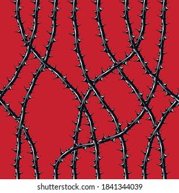 Horror art style seamless pattern, vector background. Blackthorn branches with thorns stylish endless illustration. Usable for fabric, wallpaper, wrapping, web and print.