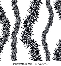 Horror art style seamless pattern, vector background. Blackthorn branches with thorns stylish endless illustration. Hard Rock and Heavy Metal subculture music textile fashion stylish design.