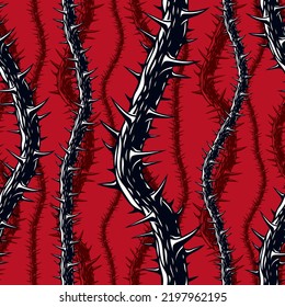 Horror Art Style Seamless Pattern, Vector Background. Blackthorn Branches With Thorns Stylish Endless Illustration. Hard Rock And Heavy Metal Subculture Music Textile Fashion Stylish Design.