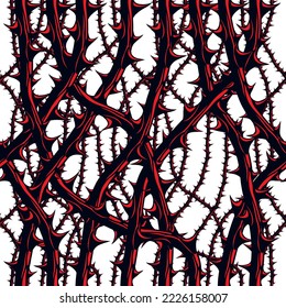 Horror art style seamless pattern, vector background. Blackthorn branches with thorns stylish endless illustration. Hard Rock and Heavy metal subculture music textile fashion stylish design.