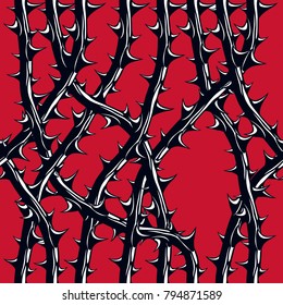 Horror art style seamless pattern, vector background. Blackthorn branches with thorns stylish endless illustration. Hard Rock and Heavy metal subculture music textile fashion stylish design.