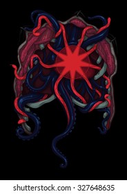 A Horror autopsy. Red snakes and blue tentacles crawl out of open ribcage. Vector illustration of dissected chest rib cage with lungs, muscles and heart isolated on black. Celebrating Halloween party.