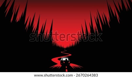 horror background, lonely car drive alone on mysterious road , scary haunted black wood forest landscape, red sky, halloween silhouette wallpaper , cartoon vector