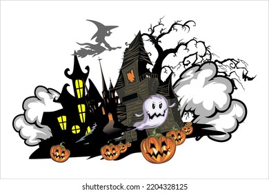 horror background vector design in the form of houses and ghosts.