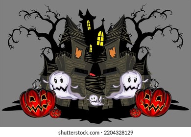 horror background vector design in the form of houses and ghosts.