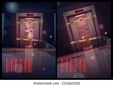 Horror banner with ghost stand in broken elevator. Haunted house with creepy spook woman inside of lift. Scary old building with dead spirit inside, halloween scene, movie Cartoon vector illustration