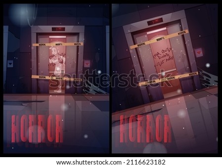 Horror banner with ghost stand in broken elevator. Haunted house with creepy spook woman inside of lift. Scary old building with dead spirit inside, halloween scene, movie Cartoon vector illustration