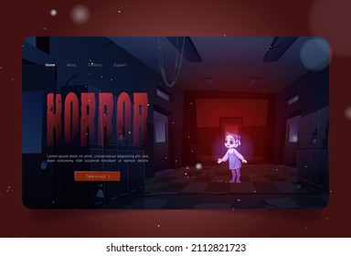 Horror banner with girl ghost in old dirty school hallway at night. Vector landing page of scary quest game with cartoon interior of empty corridor in abandoned college with dead child spirit