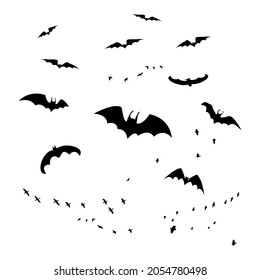 Horror bats group isolated on white background. Flittermouse, night creatures flock. Silhouettes of flying bats. Horrific swarm bats. Halloween scary creepy vampire animals. Stock vector illustration