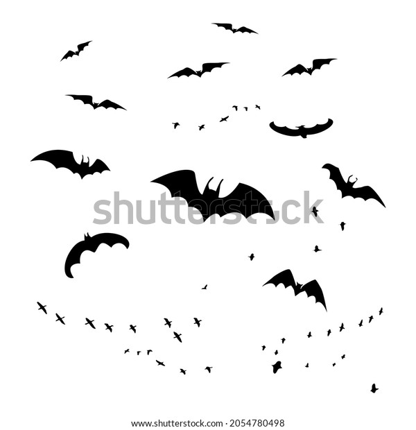 Horror bats group isolated on white\
background. Flittermouse, night creatures flock. Silhouettes of\
flying bats. Horrific swarm bats. Halloween scary creepy vampire\
animals. Stock vector\
illustration