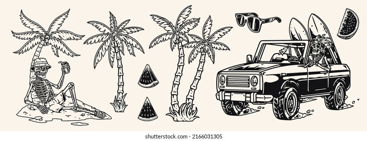 Horror beach element vintage monochrome two dead men under tropical palm trees skeleton on car with surfboards vector illustration