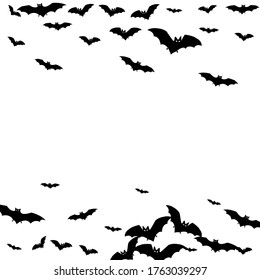 Horror black bats flock isolated on white vector Halloween background. Flittermouse night creatures illustration. Silhouettes of flying bats vampire Halloween symbols on white.
