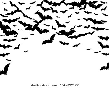 Horror black bats group isolated on white vector Halloween background. Flittermouse night creatures illustration. Silhouettes of flying bats vampire Halloween symbols on white.