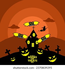 Horror books with bat wings that fly around houses and cemeteries with bold text on dark orange background to commemorate Books For Treats Day on October 31. Halloween holiday background