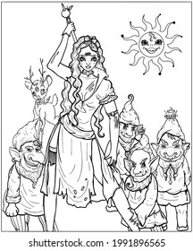 Horror cartoon characters, a gang of robbers, fairytale evil gnomes in caps with a beard and pointed ears, and a warlike girl with long hair and bow-knot on a head, in torn clothes and a spear.