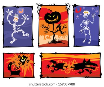 Horror cartoon silhouettes with color backgrounds.