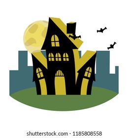 horror castle with bats and full moon in the cityscape
