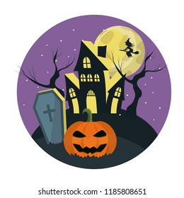horror castle in the cemerety with witch and pumpkin