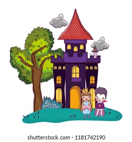 horror castle with children costume and cat