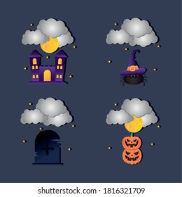 horror castle and Happy halloween icon set over blue background, colorful design, vector illustration