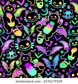 Horror cats with wings and bright bats fly against the background of the starry sky. Stylized cartoon seamless pattern