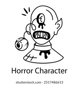 Horror character with popped eyes, doodle icon 