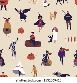 Horror characters flat vector seamless pattern. Halloween decorative texture. People in spooky outfits cartoon illustration. Autumn tradition. Festive wrapping paper, wallpaper, textile design.