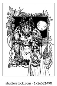 Horror characters, Little red riding hood holding basket of skulls and scary, gray Wolf with sharp fangs, big ears and eyes holding her by the shoulder, stand under the moon in terrible, dark forest.