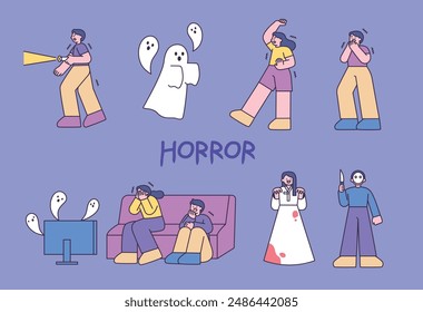 Horror characters and scared people in movies.