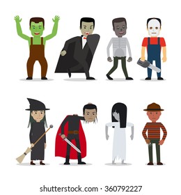 Horror characters vector. Dracula and witch, zombie and ghost, headless man