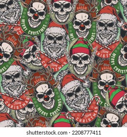 Horror Christmas colorful vintage seamless pattern with skulls in form fairy-tale characters from New Year stories vector illustration
