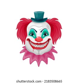 Horror Clown Isolated Cartoon Scary Circus Monster Face. Vector Halloween Holiday Character, Evil Clown Or Joker With Bloody Teeth And Crazy Smile, Red Noses And Pink Hair Wigs, Small Green Hat