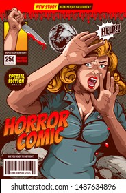 horror comic cover template  background, picture hand holding a knife and woman in very shocked fear,  and speech bubbles, doodle art, Vector illustration.