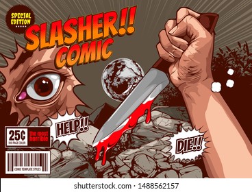 horror comic,slasher camp killer, halloween cover template, Hand holding a knife on night forest background, speech bubbles, doodle art, Vector illustration.