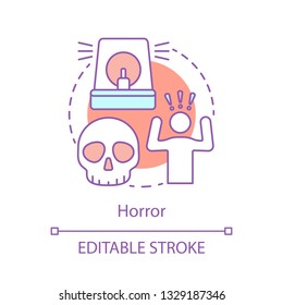 Horror concept icon  Danger idea thin line illustration  Nightmare  Scary skull  Dangerous area  Hazard  Mysterious cruel movie  Terrible accident  Vector isolated outline drawing  Editable stroke