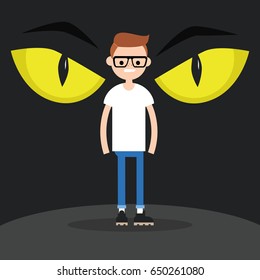 Horror conceptual illustration. Huge yellow eyes behind the character's back, flat editable vector illustration, clip art
