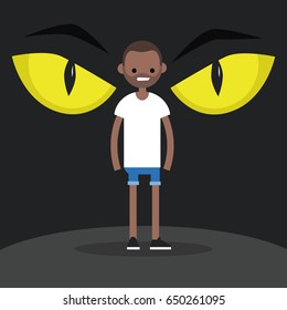 Horror conceptual illustration. Huge yellow eyes behind the character's back, flat editable vector illustration, clip art