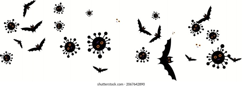 Horror Covid Virus Corona Spooky Backdrop. Gothic Black Scary Creepy Party Grey Halloween Illustration. Mysterious Vampire Fear Dracula Funny Bats. Purple Vaccination Faces White Cartoon Design Pic.