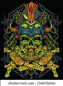 horror cyberpunk skull with future technology elements with sacred geometry background